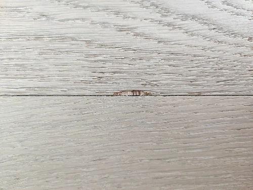 Close-up of hardwood floor chip damage requiring professional repair - Revive Floors assessment of wood flooring repairs